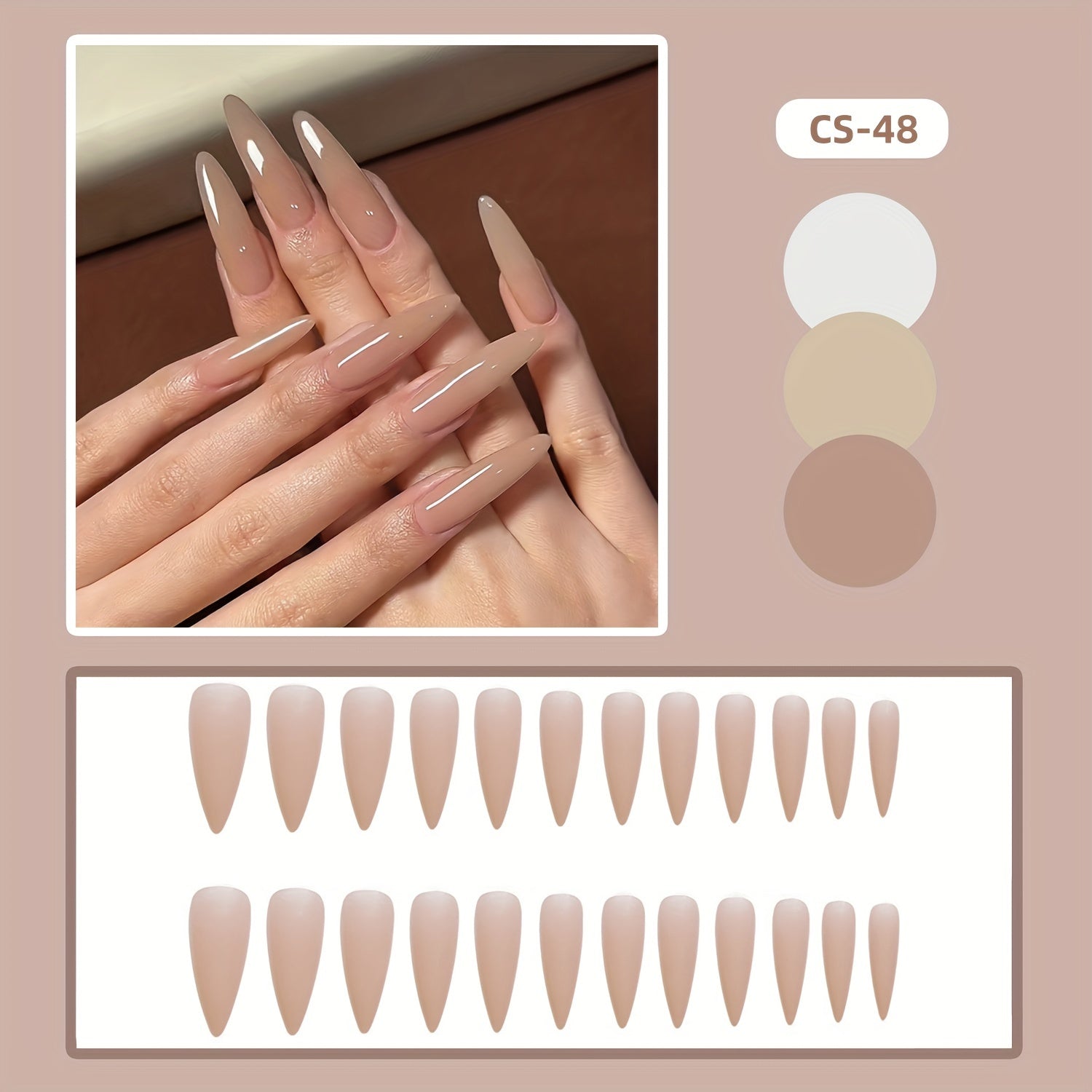 24pcs Long Stiletto Nude Nail Tips, Elegant Milk Tea Color Fake Nails Press-ons, Natural Looking Full Cover Artificial Nails for Office Wear