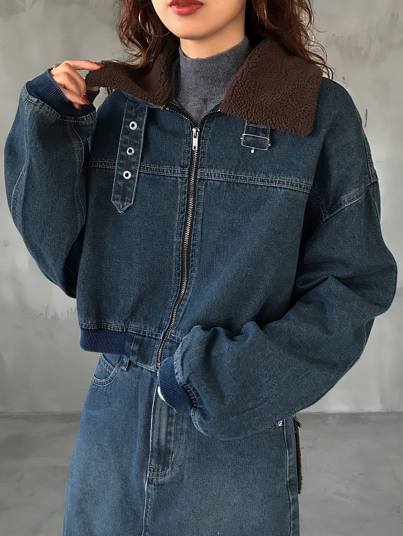 Denim Jacket with Teddy Fleece Collar & Lapel