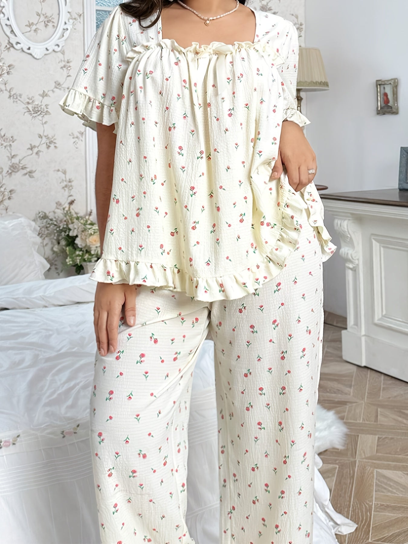 Casual Loose Floral Print Square Neck Bow Decor Pleated Hem Ruffle Edge Short Sleeve Top Set