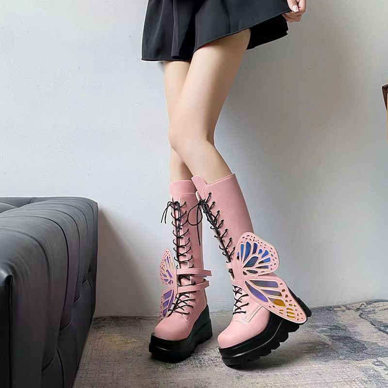 Punk Gothic Chunky Platform Boots with Butterfly Lace-Up Ankle & Calf Straps