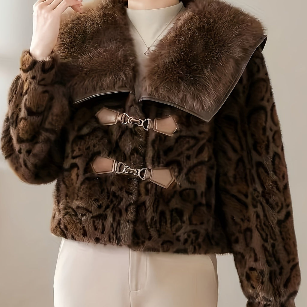Leopard Print Fur Jacket with Collar & Chest Pockets