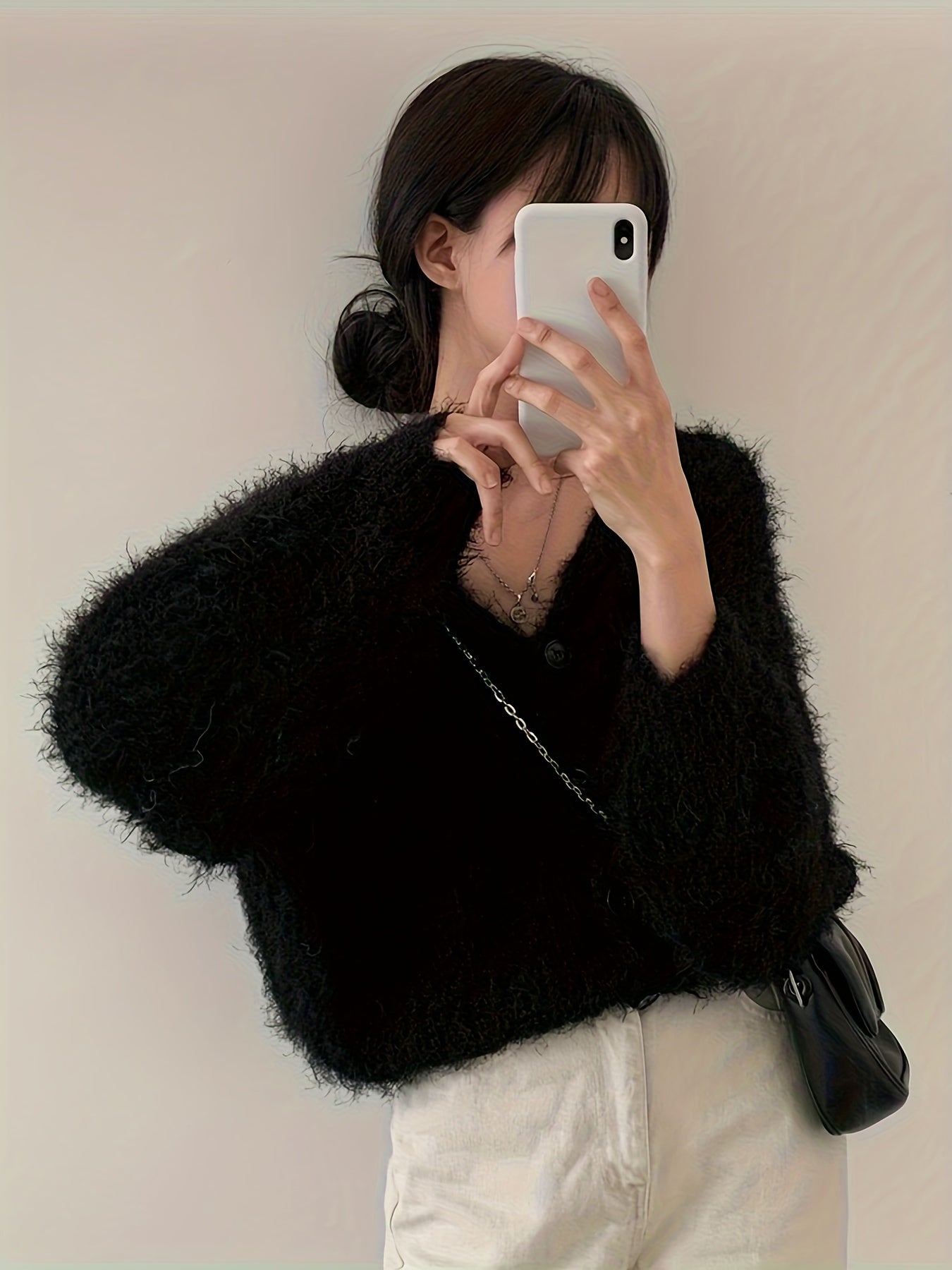 Women's Cozy V-Neck Sweater Coat Imitation Mink Cardigan - Loose Fit Long Sleeve Medium Stretch Fall Winter Casual Outerwear, Cute Sweater, Seasonal Wardrobe, Relaxed Silhouette, Soft Fabric, Casual Attire