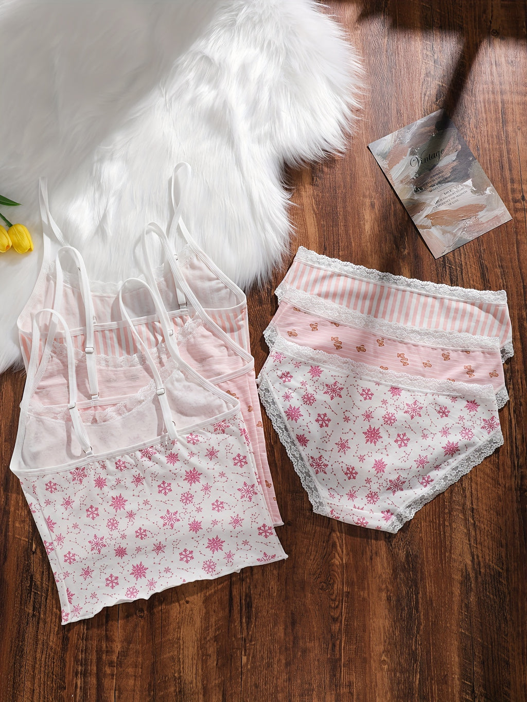 {3pcs} Lace Trim Floral & Striped Bikini-like Lingerie Set