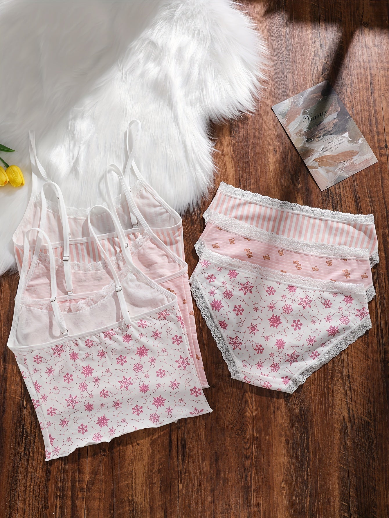 {3pcs} Lace Trim Floral & Striped Bikini-like Lingerie Set