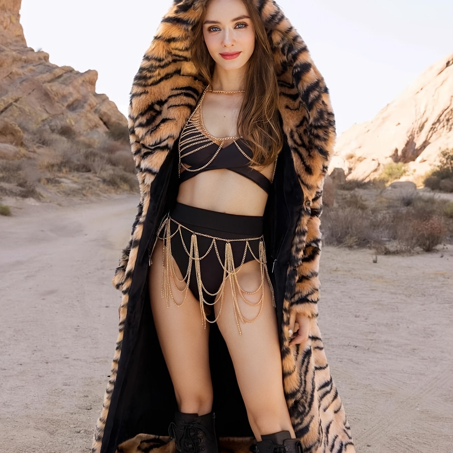 Women's Elegant Leopard Print Hooded Coat with Faux Grass Lining - Long Winter Warmth, Slim-Fit Tailored Outerwear, Single-Breasted Closure & Luxurious Fur-Like Texture for Casual & Formal Outfits (Dry Clean Only) - Autumn/Wi