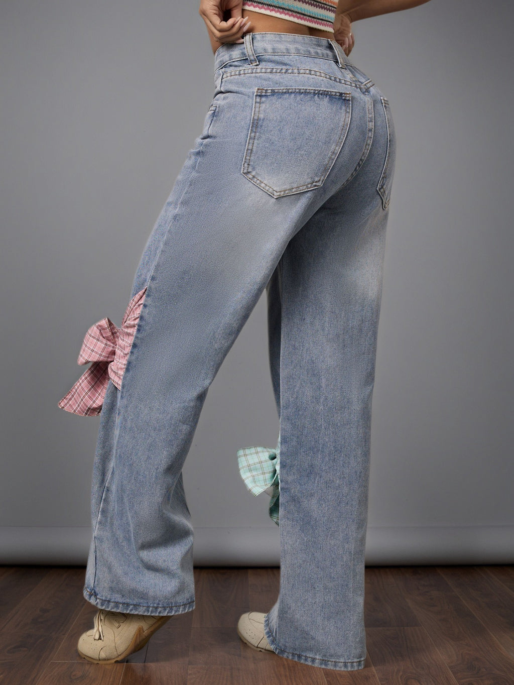 Light Wash Wide-Leg Jeans with Plaid Bow Accents