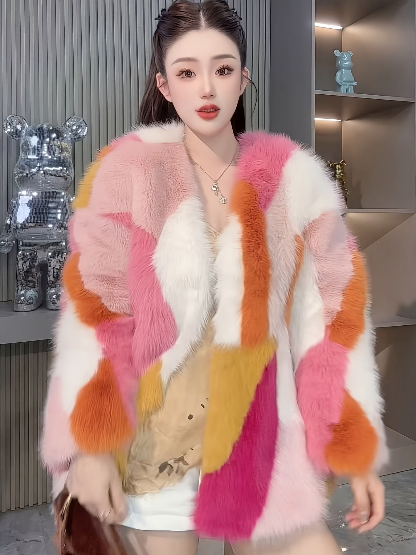 Rainbow Color Block Faux Fur Coat