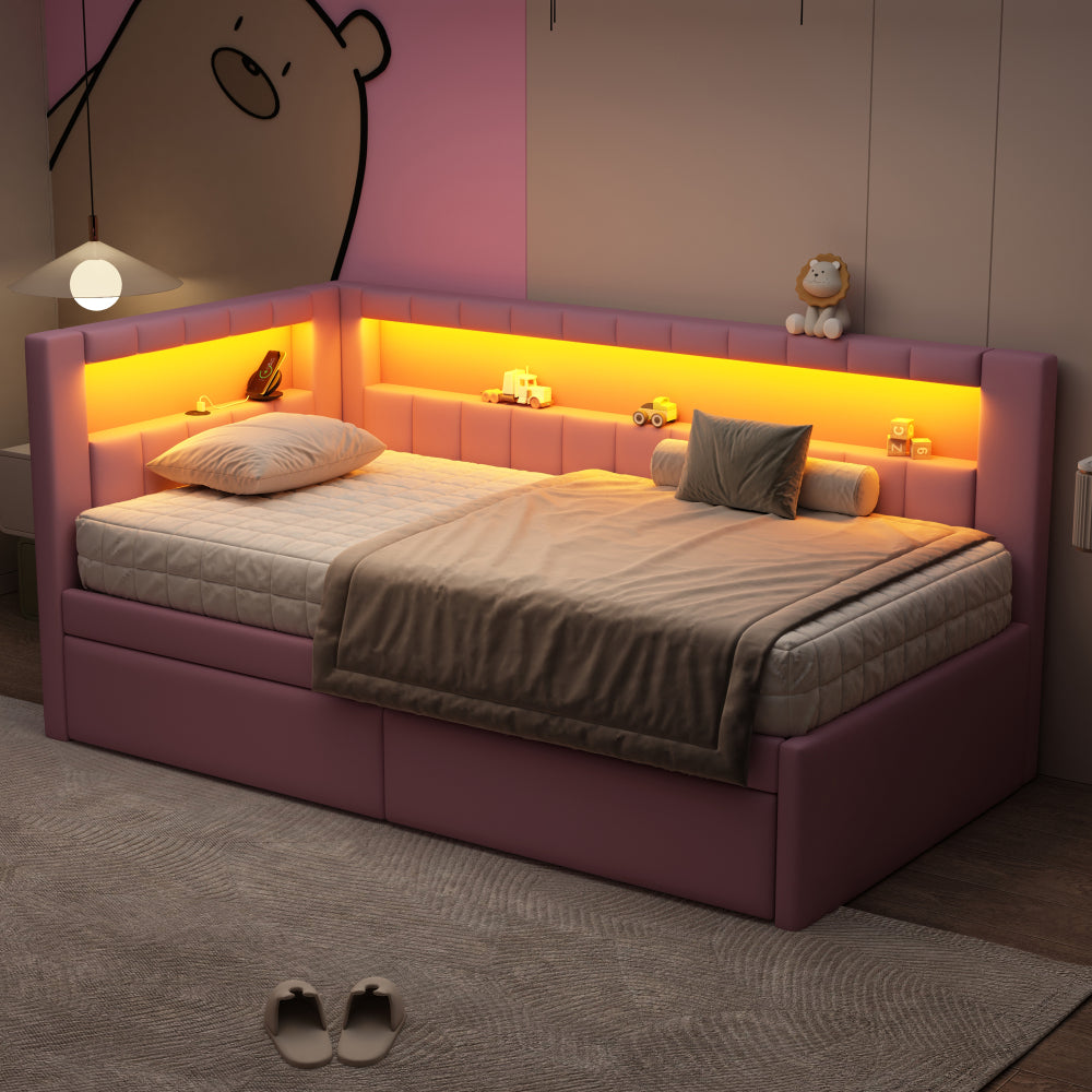 Modern White Upholstered Twin Size Platform Bed with USB Ports & RGB LED