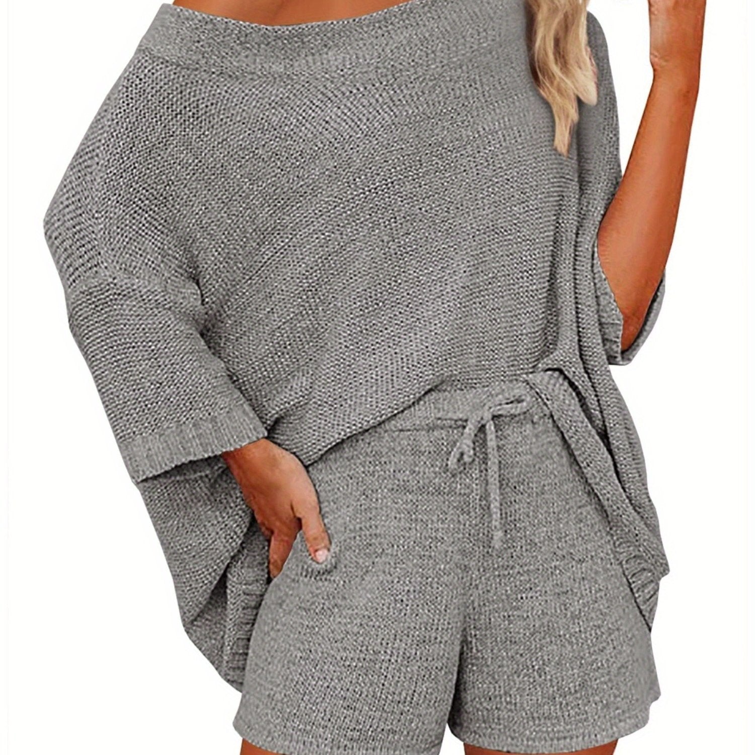 Women's 2pcs Outfits Sweater Sets Off Shoulder Knit Top Shorts Matching Suits Cute Pajama Lounge Set
