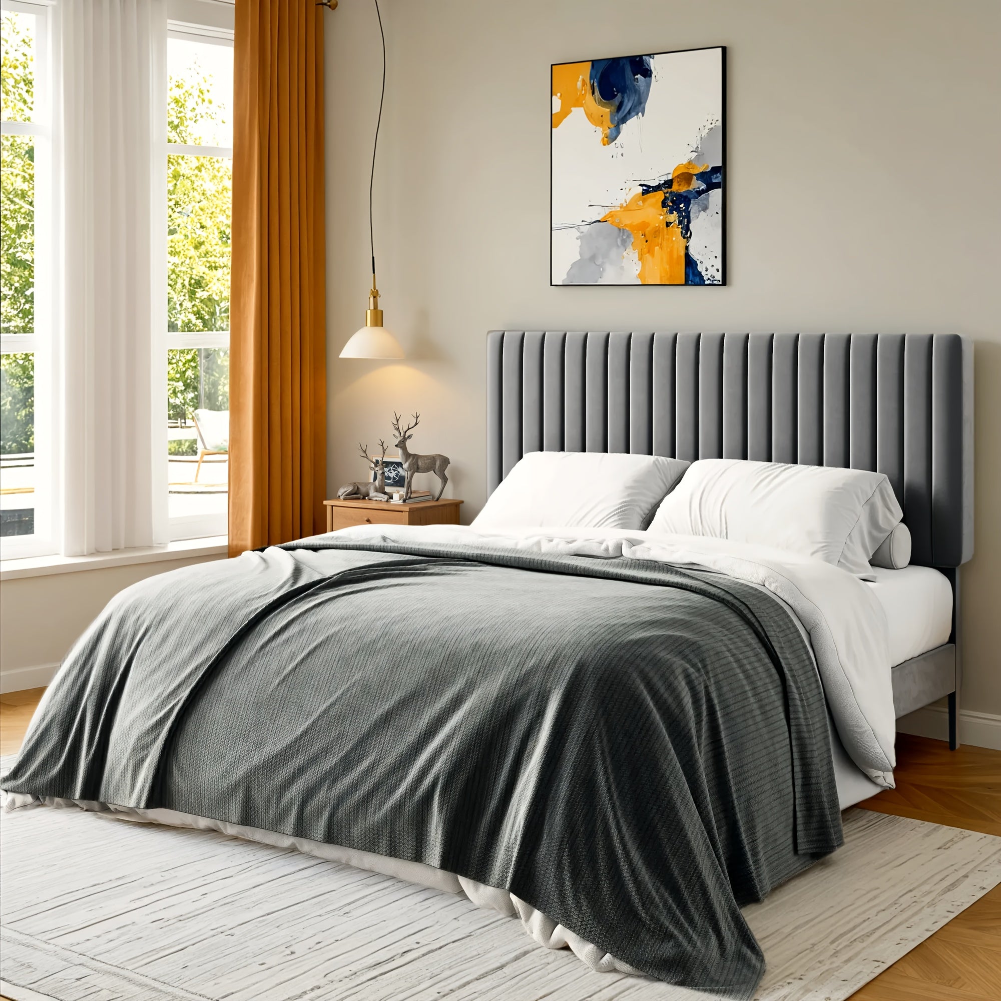 Modern Velvet Upholstered Bed Frame with Adjustable Headboard