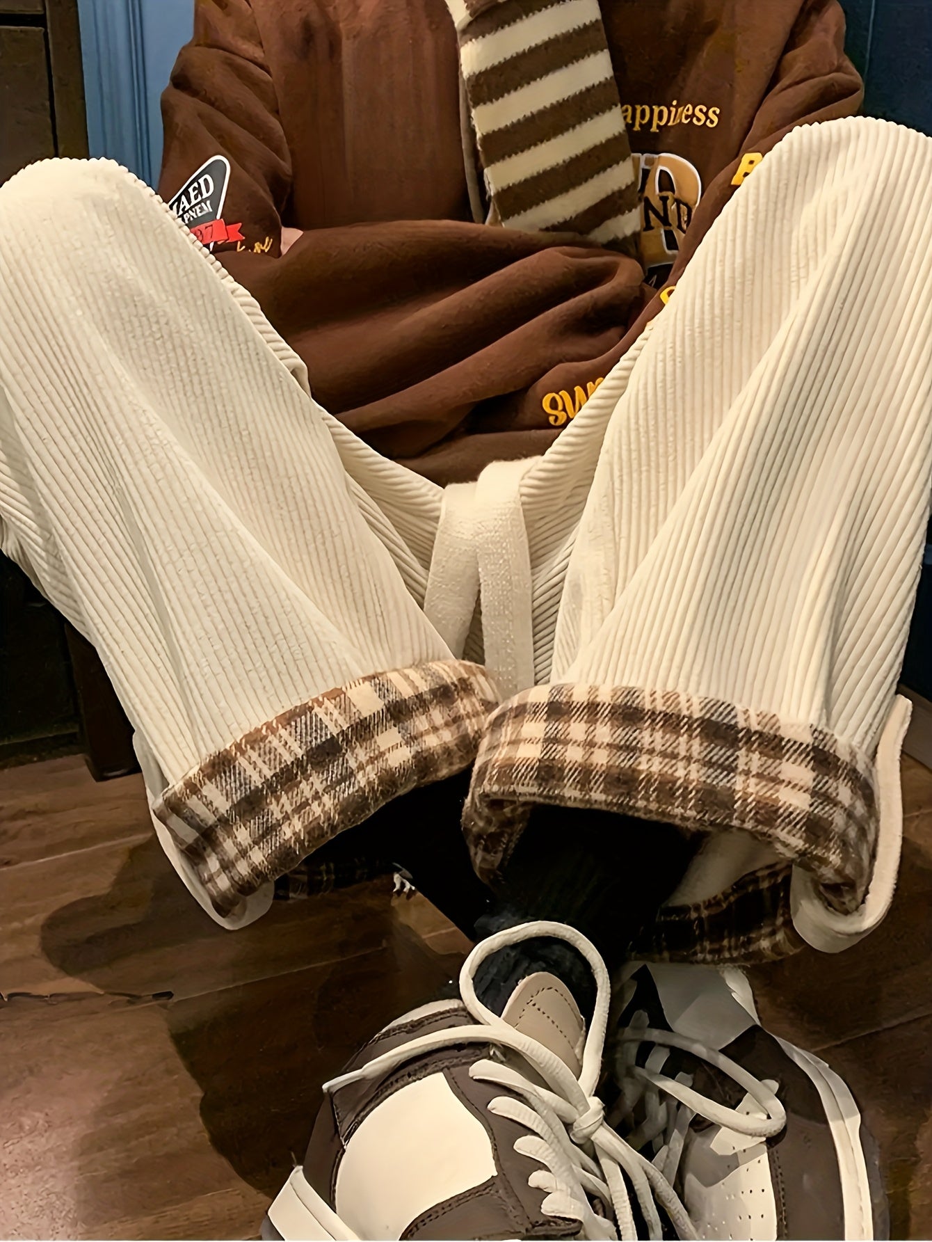 Women's Spring and Autumn Plaid Flared Pants Korean Style Loose Straight Leg Trousers