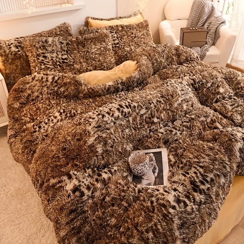 {3pcs} Leopard Print Plush Duvet Cover Set, Includes 1 Faux Fur Duvet Cover And 2 Pillowcases