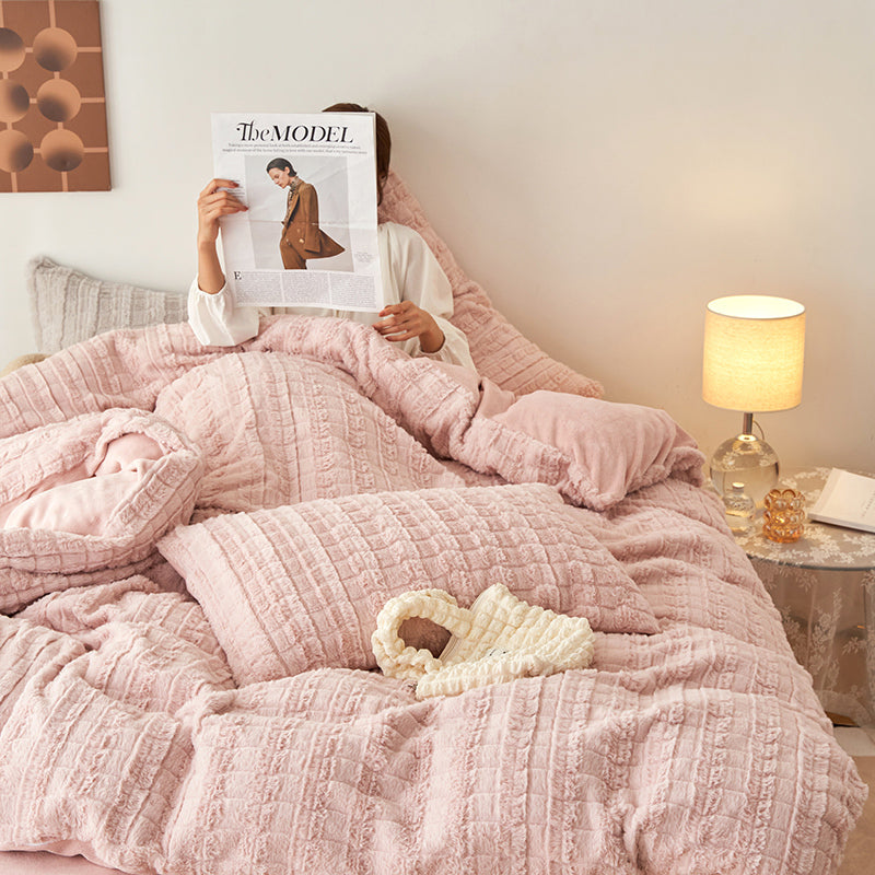 Faux Rabbit Fur Embossed Milk Duvet Cover
