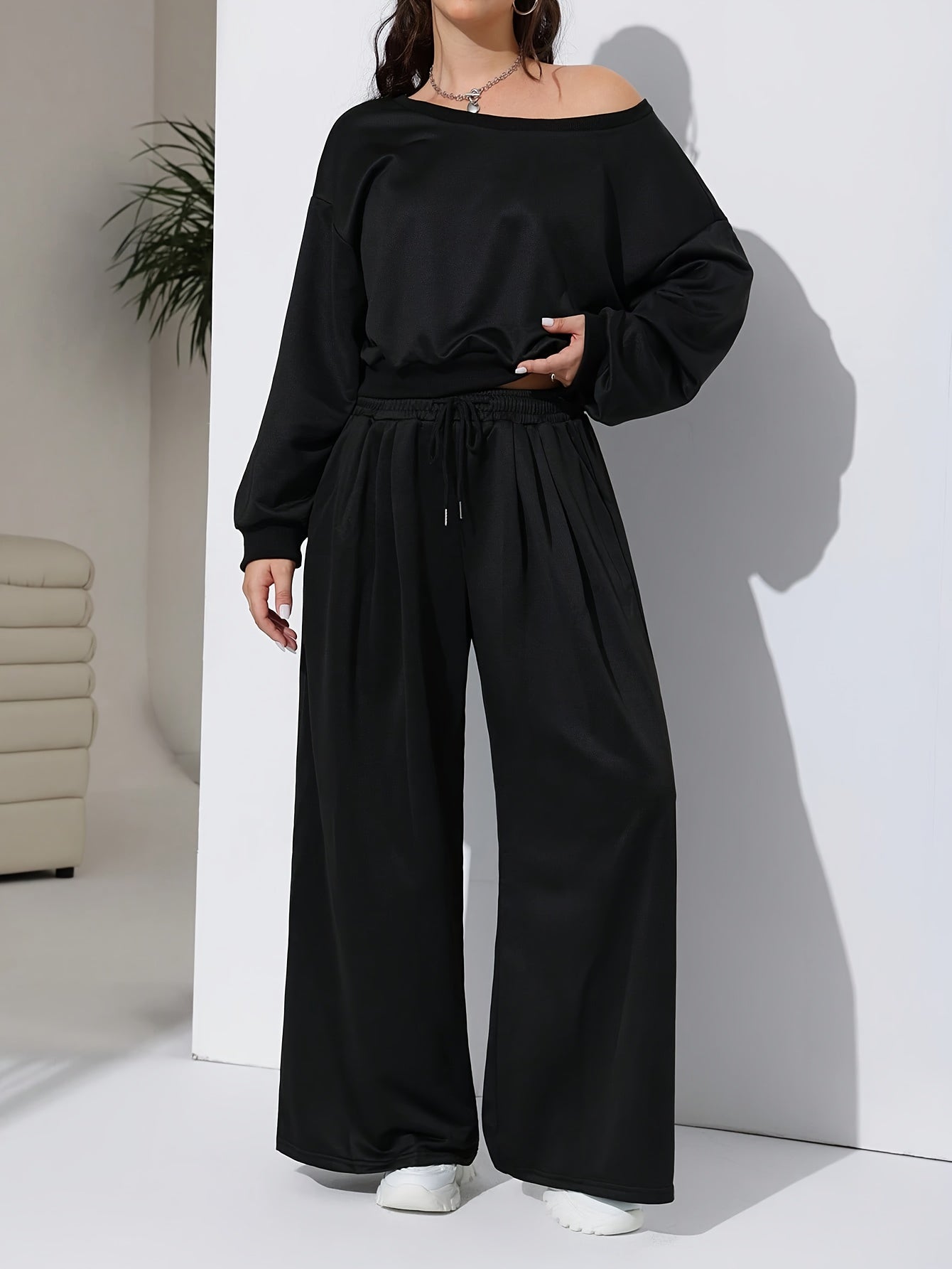 Casual Sweatshirt and Wide Leg Pants Set
