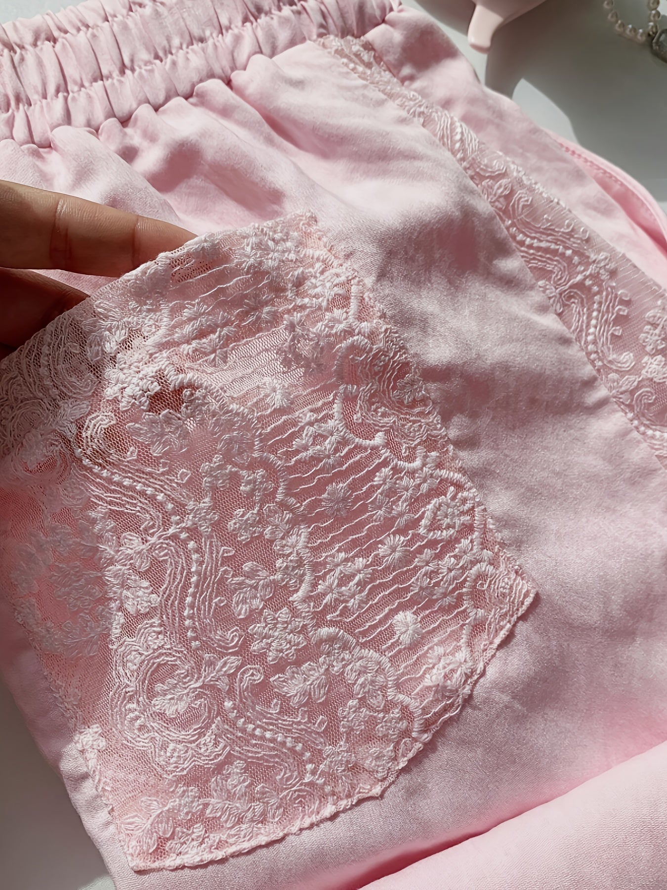 Pink Lace Patchwork Elastic Waist Casual Versatile Trousers