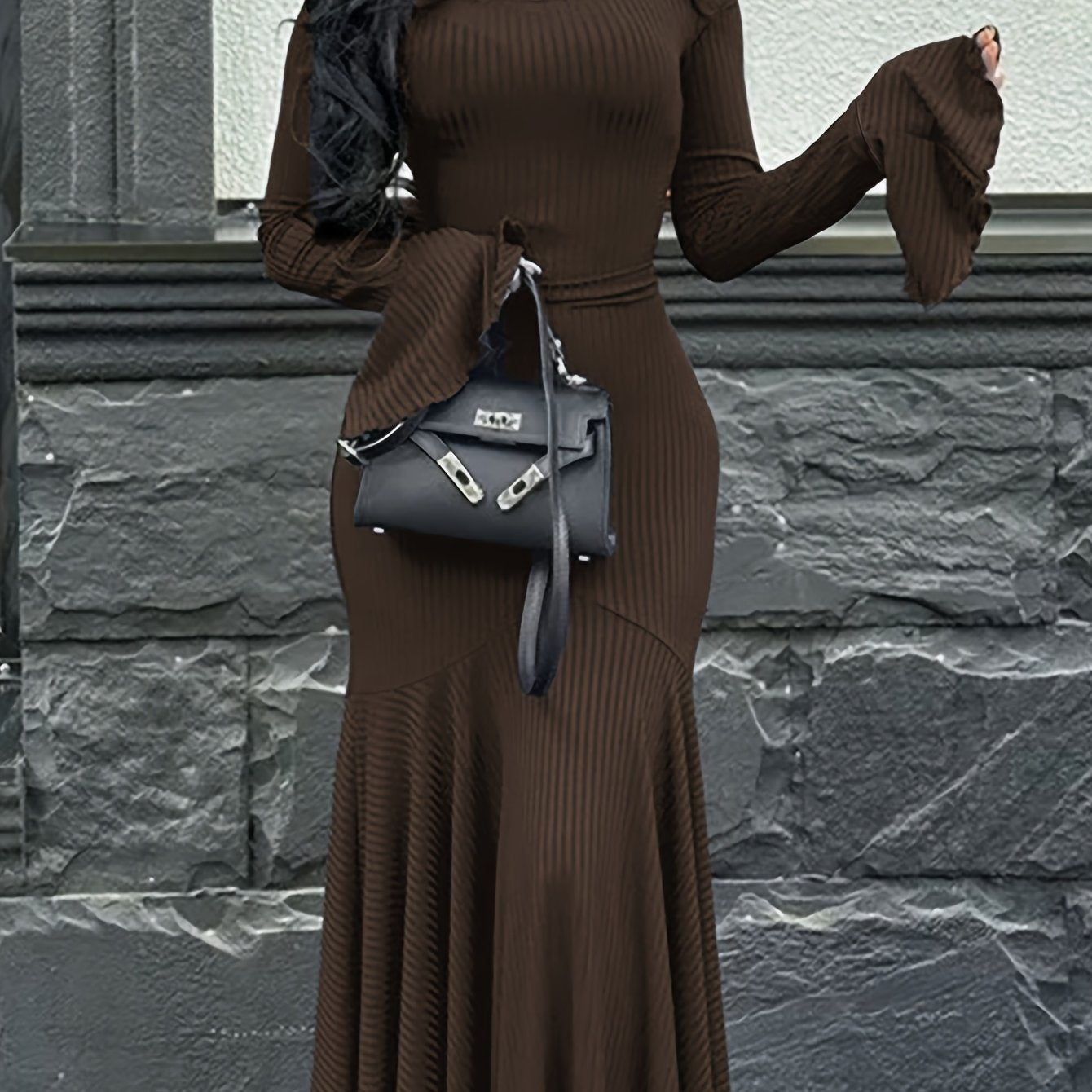 Women's Elegant Fall Winter Mermaid Dress with Bell Sleeves & Back Tie Closure - Long Sleeve A-Line Floor-Length Formal Party Wedding Dress, Machine Washable Round Neck Solid Color (Medium Stretch)