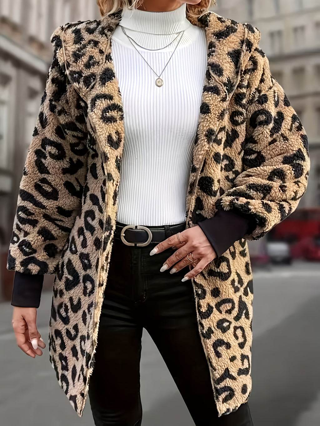 Leopard Print Hooded Double-Sided Thick Plush Coat