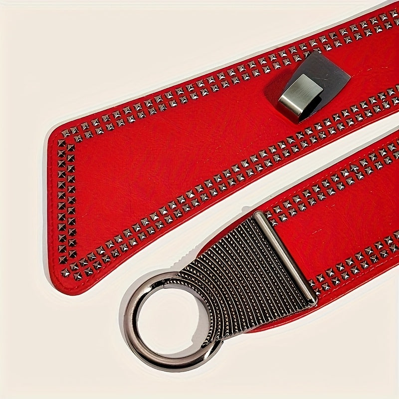 2025 New Vintage Bohemian Rivet-Embellished Elastic Wide Belts | Unisex, Fashionable Loose Fit, Faux Leather, Ferroalloy Buckle, Red Color
