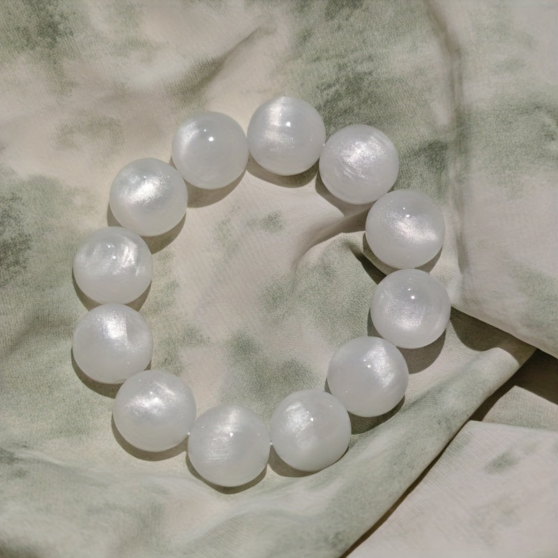 Elegant Bohemian White Cat's Eye Stone Resin Beads Bracelet - 16mm Large Smooth Spherical Beads