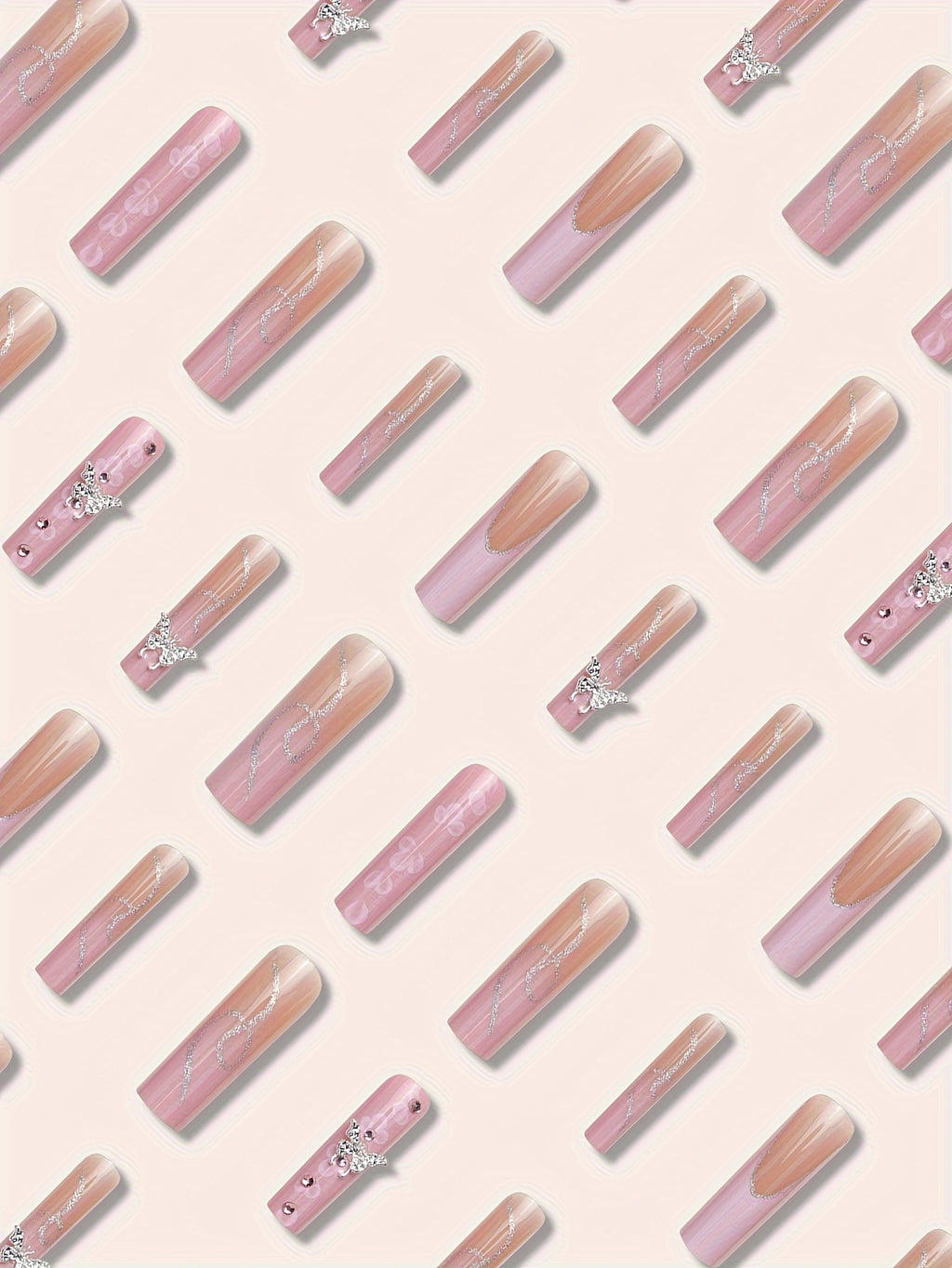 {24pcs} Extra-Long Coffin French & Ombre & Floral Pattern 3D Butterfly Rhinestone Full Cover Glossy Fake Nails