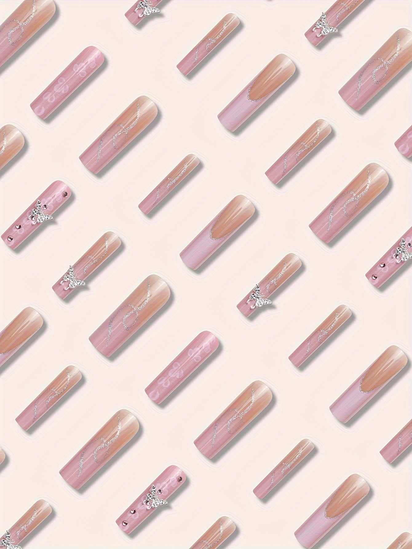 {24pcs} Extra-Long Coffin French & Ombre & Floral Pattern 3D Butterfly Rhinestone Full Cover Glossy Fake Nails