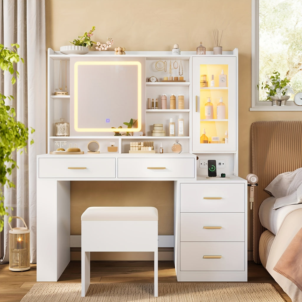 Makeup Vanity With Sliding LED Lighted Mirror And Charging Station