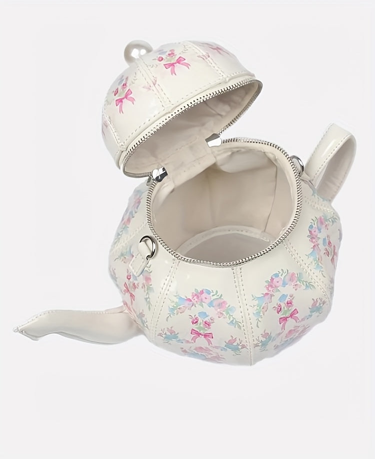 Pink Floral Tea Society Handbag for Women - Chic Designer Handbag with Pearl Strap, Adjustable & Stylish, Polyester Lined, Zip Closure, Perfect for Everyday Use Or Special Occasion