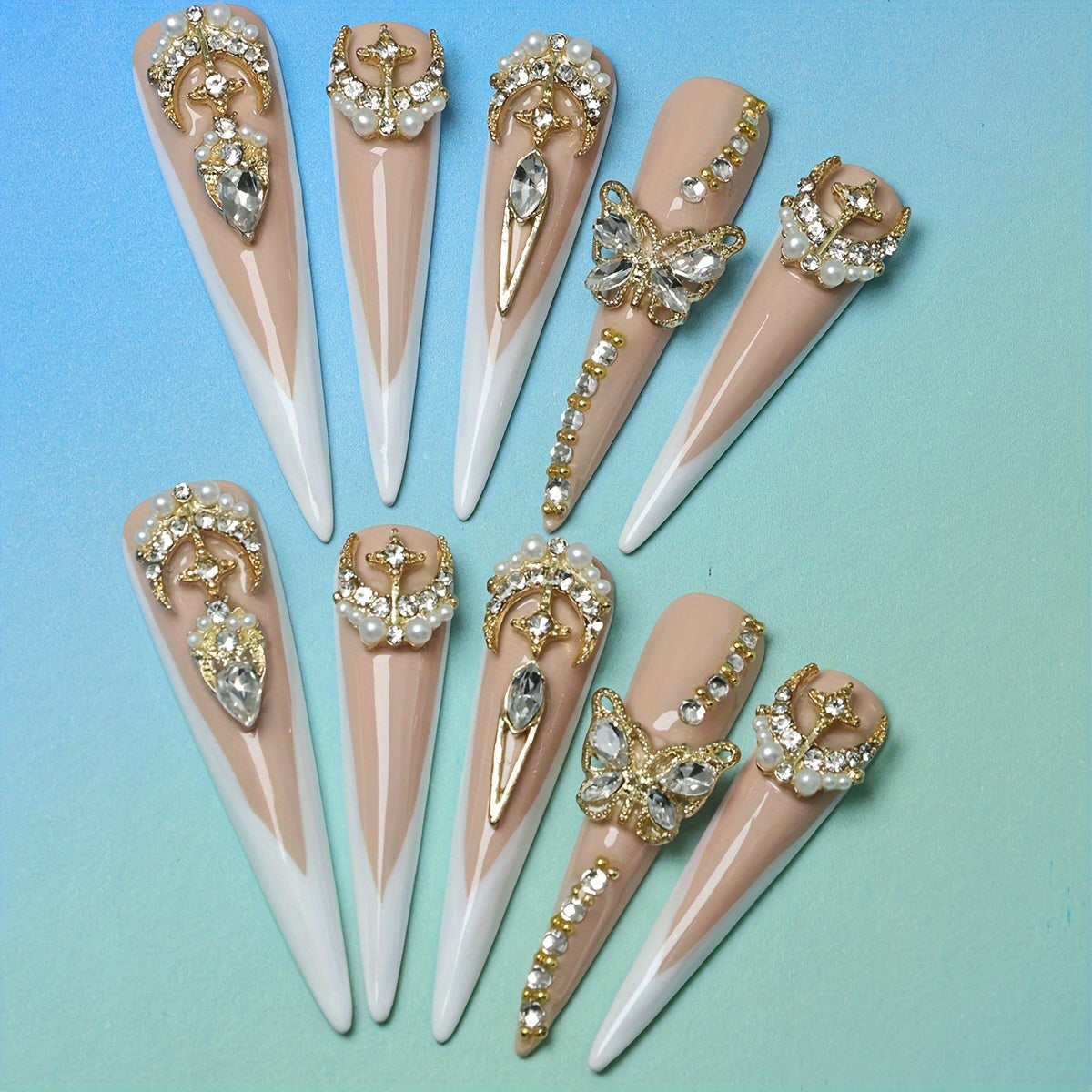 {10pcs} Handmade Extra Long French Press-On Nails with 3D Butterfly & Rhinestone Accents