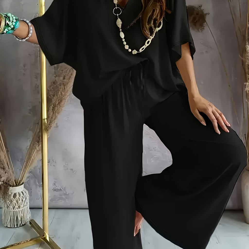 Solid Color V-Neck Casual Suit