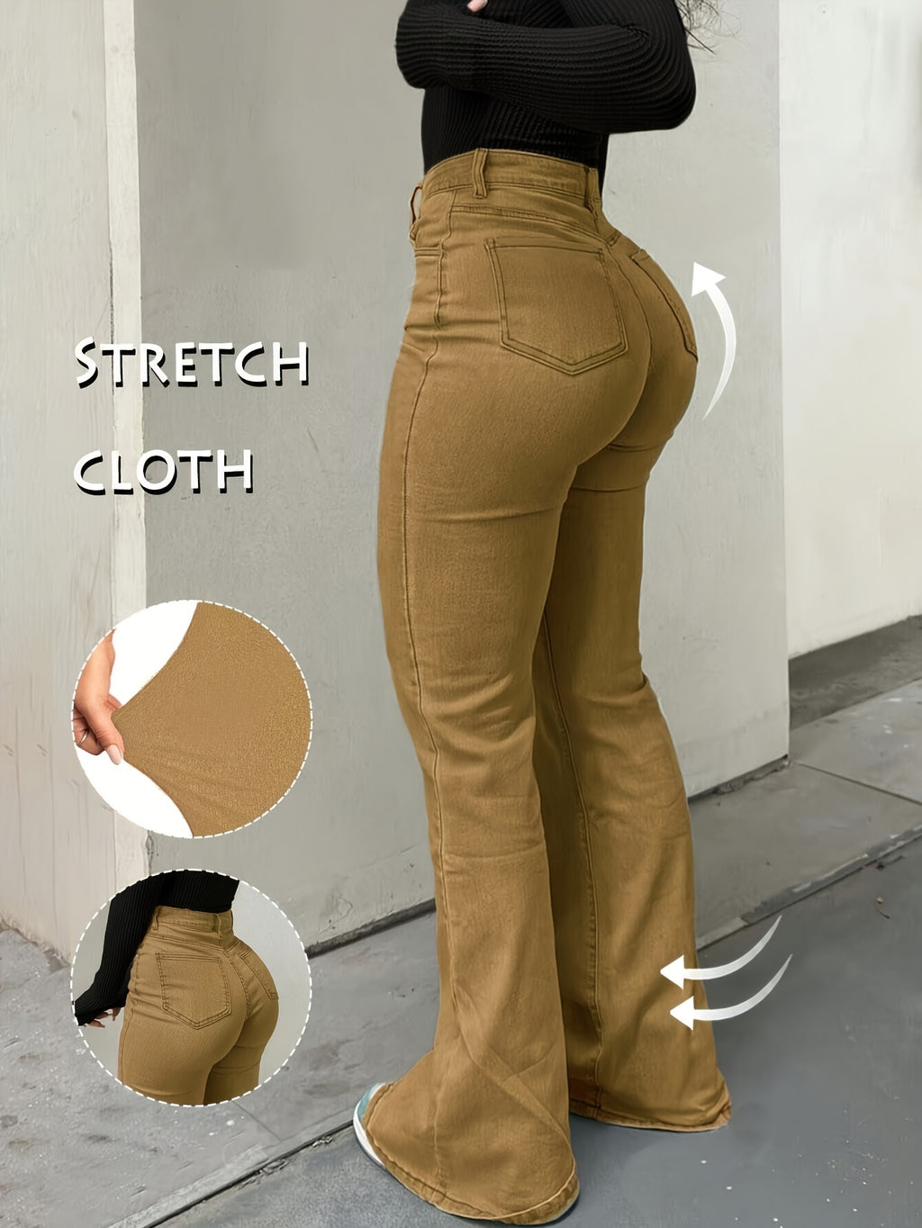 Women's Elegant High-Waist Black Denim Flare Jeans - Stretchy, Bell Bottom with Slash Pockets and Button Closure, Versatile All-Season Wear