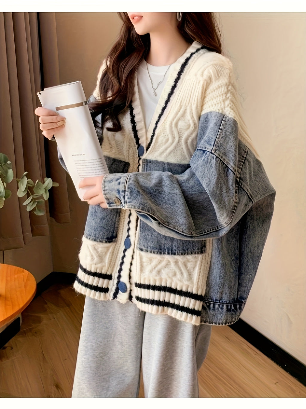 Oversized Light Gray & Blue Contrast Batwing Cardigan