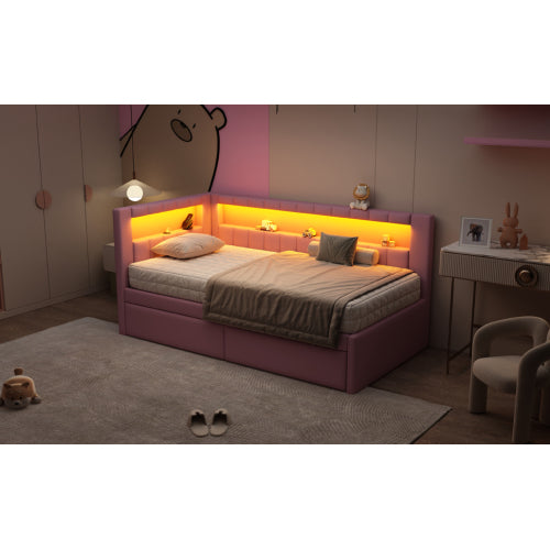 Modern White Upholstered Twin Size Platform Bed with USB Ports & RGB LED