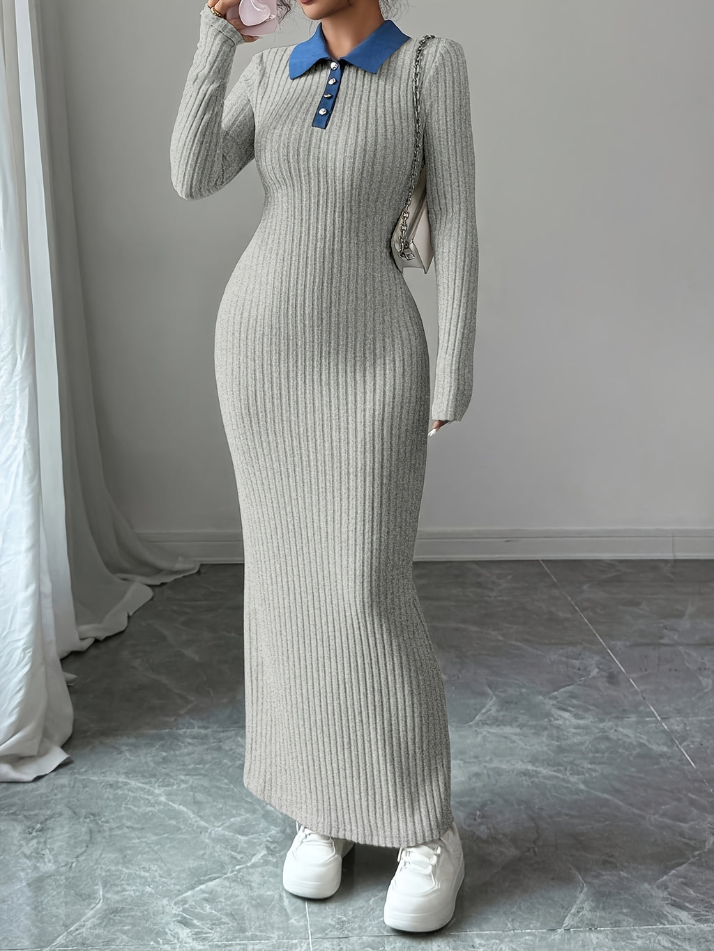 Long Sleeve Slim-Fit Autumn/Winter Dress with Contrast Stripe and Collar Button Design