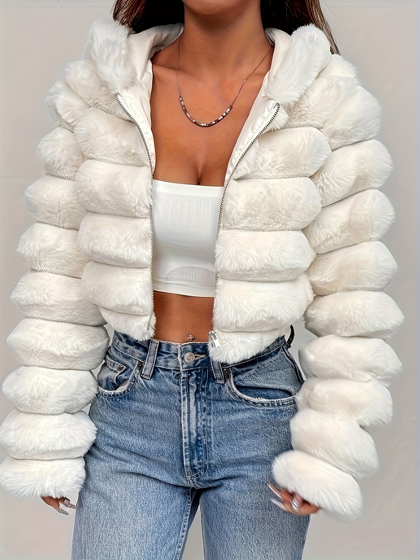 Women'S Elegant White Faux Fur Hooded Jacket - Zip-Up Mid-Length Winter Coat with Puffy Sleeves, Perfect for Fall & Winter, Stylish Layering Piece, Winter Coat
