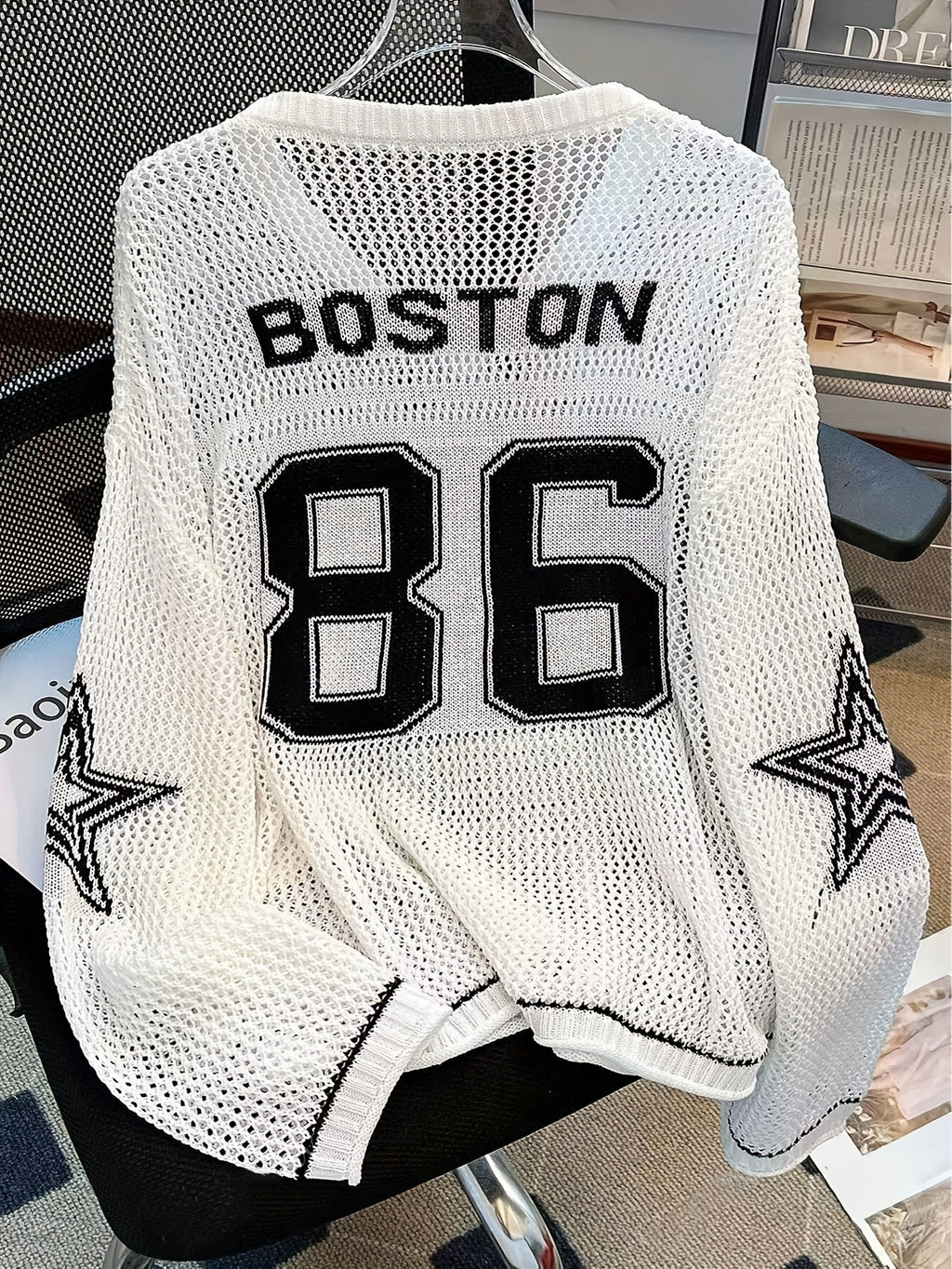 Women's Y2K Sweater - Semi-Sheer V-Neck Long Sleeve Pullover with Number Graphic, Non-Stretchy All-Season Top for Concerts, Parties, Everyday - White & Black Retro 2000s Outfit Essential, Sweater Tops for Women, Colourfull Lo