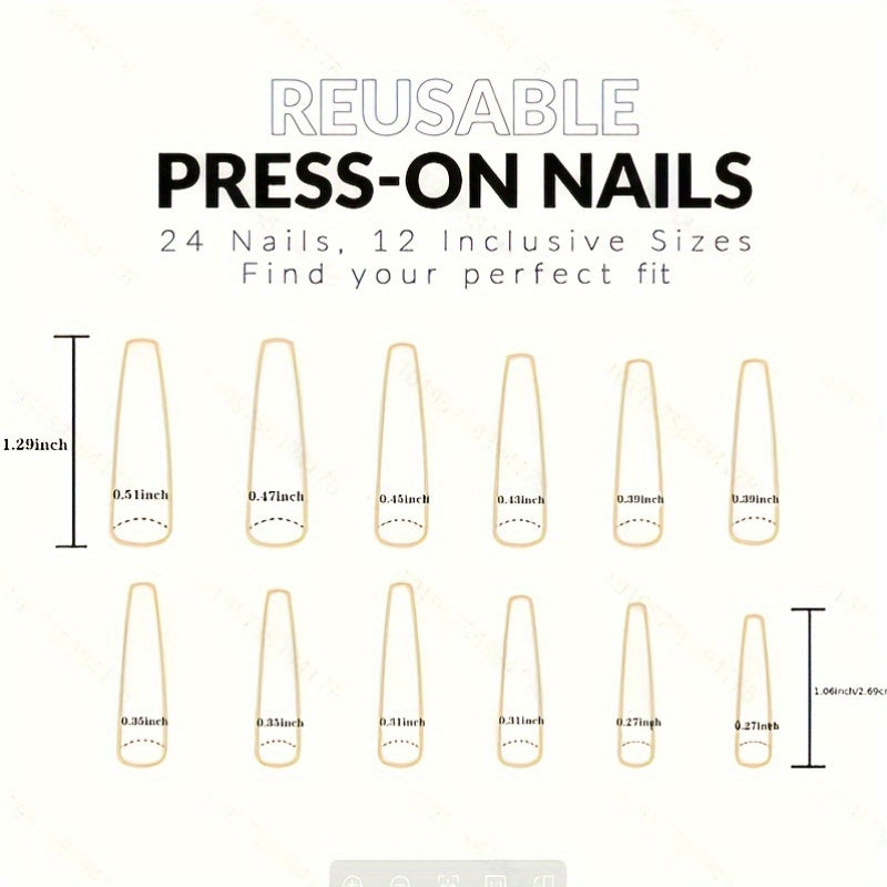 {24pcs} Long Glossy White & Black Ballet-Style Nail Art Set
