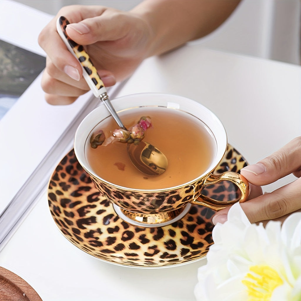 Leopard Print Ceramic Tea Cup、Spoon And Saucer Set