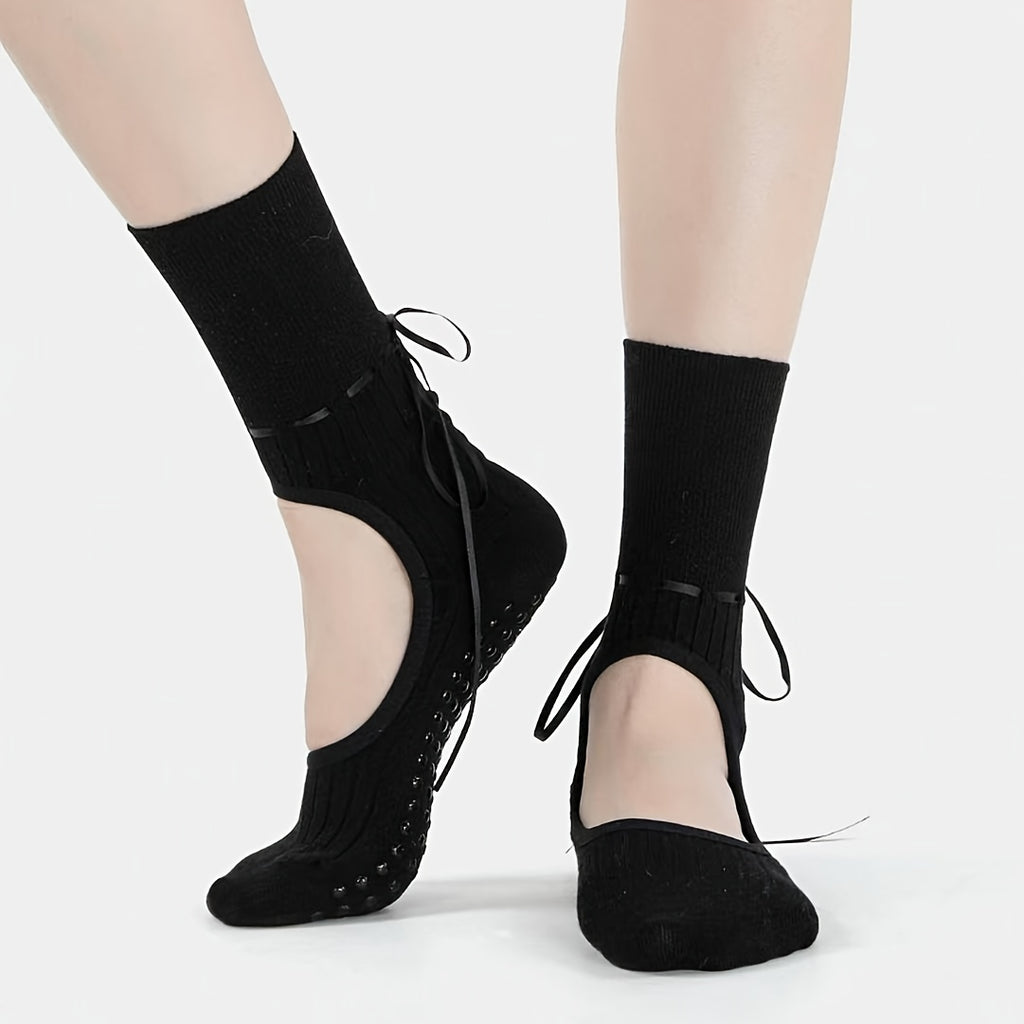 Non-Slip Mid-Calf Socks with Adjustable Strap & Bow Ribbon