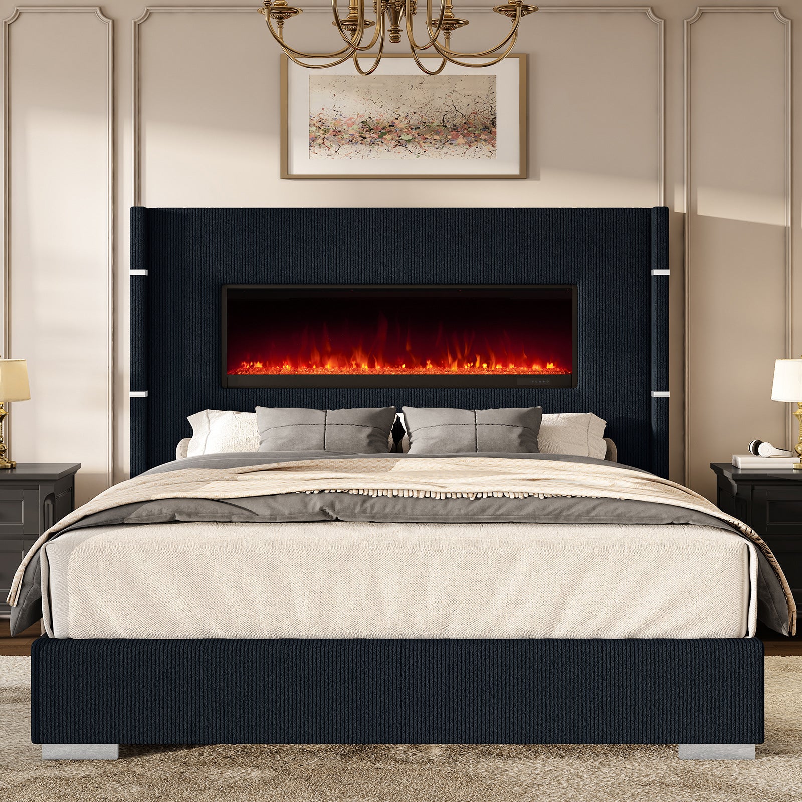 Modern California King Size Bed Frame with Electric Fireplace