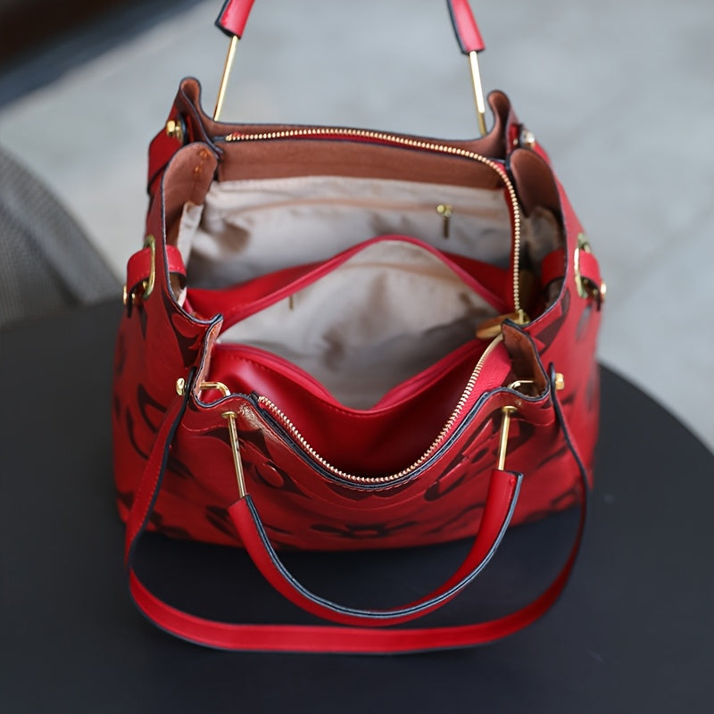 Floral Embossed Synthetic Leather Satchel Handbag