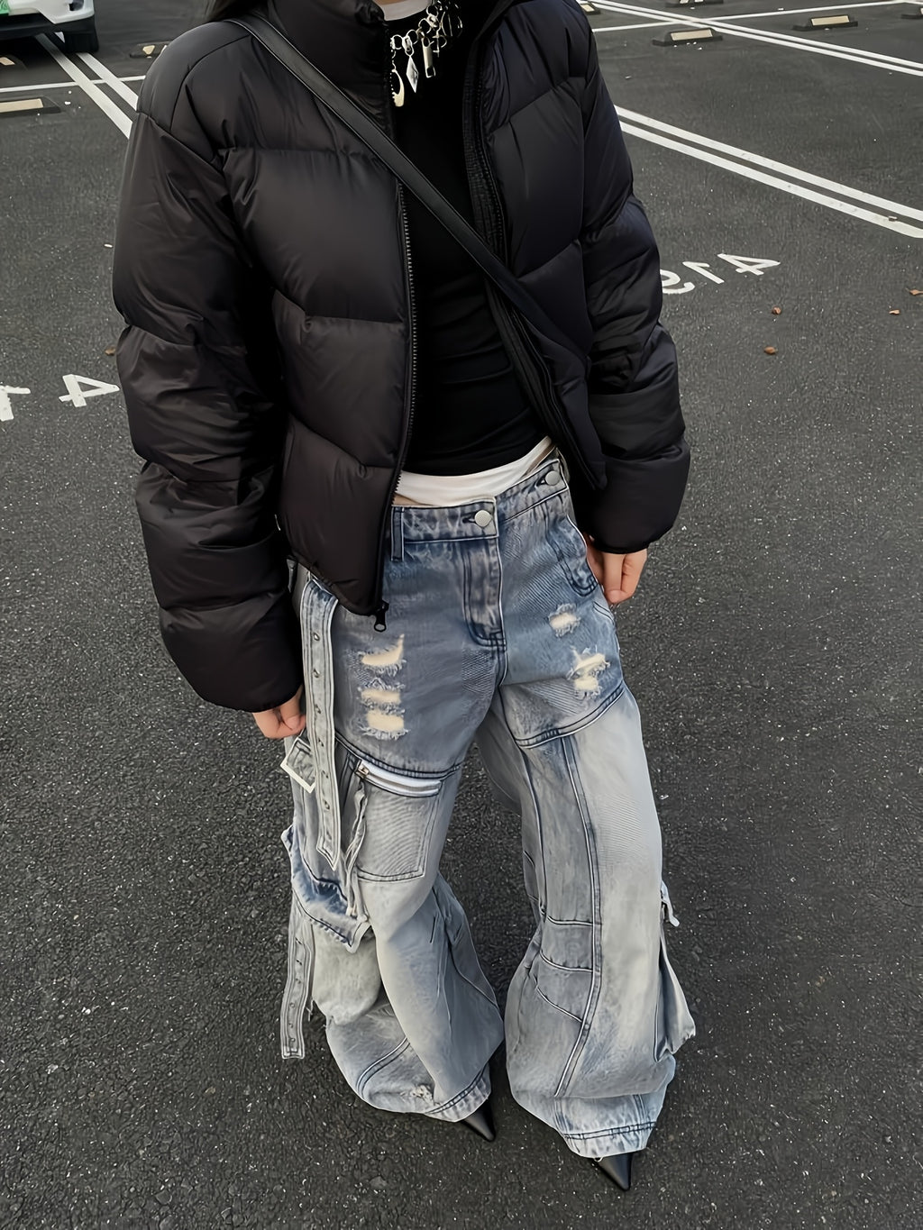 Cargo Faux Denim with Multiple Utility Pockets