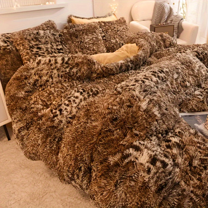{3pcs} Leopard Print Plush Duvet Cover Set, Includes 1 Faux Fur Duvet Cover And 2 Pillowcases