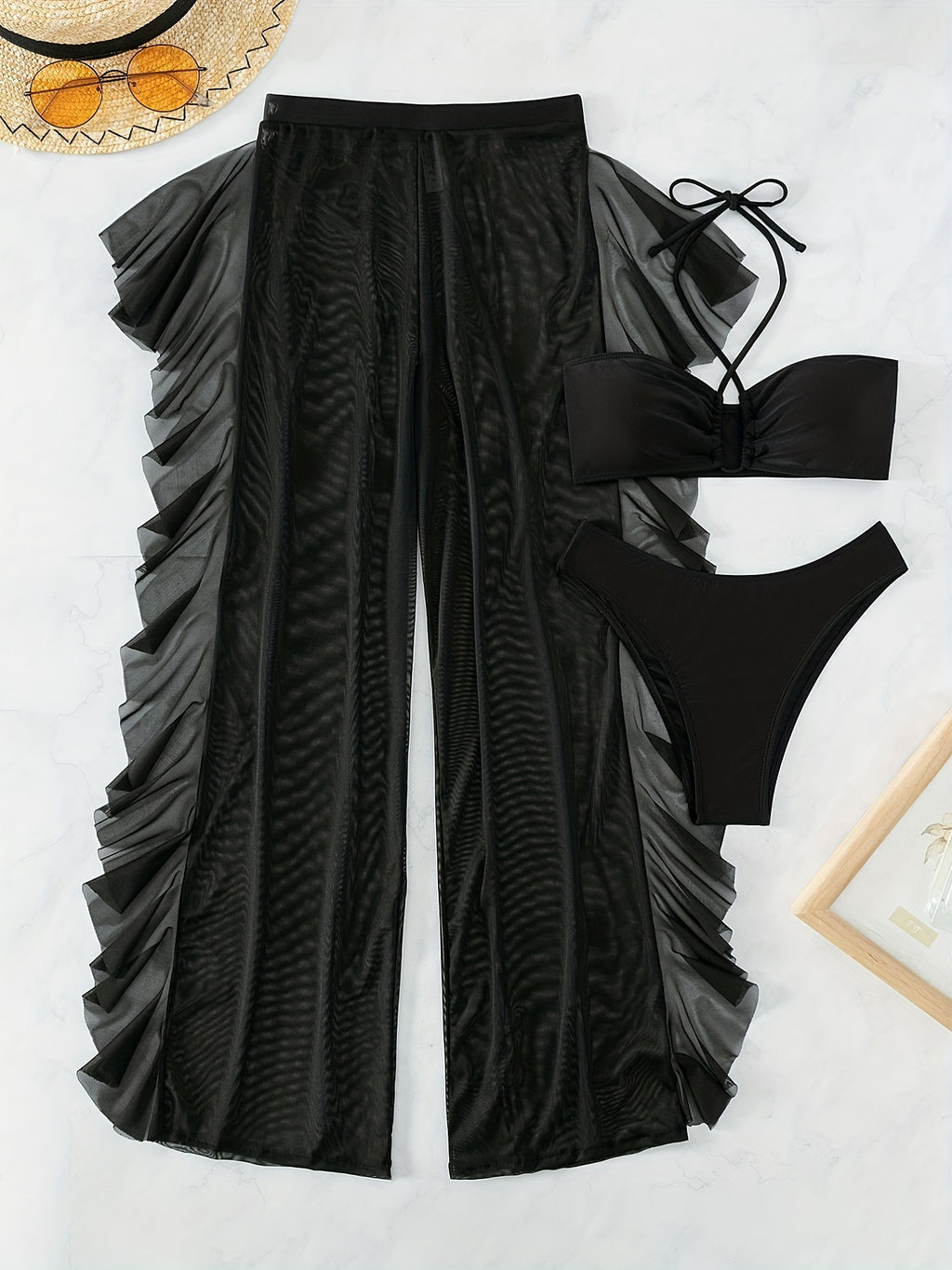 Semi-Sheer Fashion Ruched Crisscross Strap Mesh Panty Bikini Set