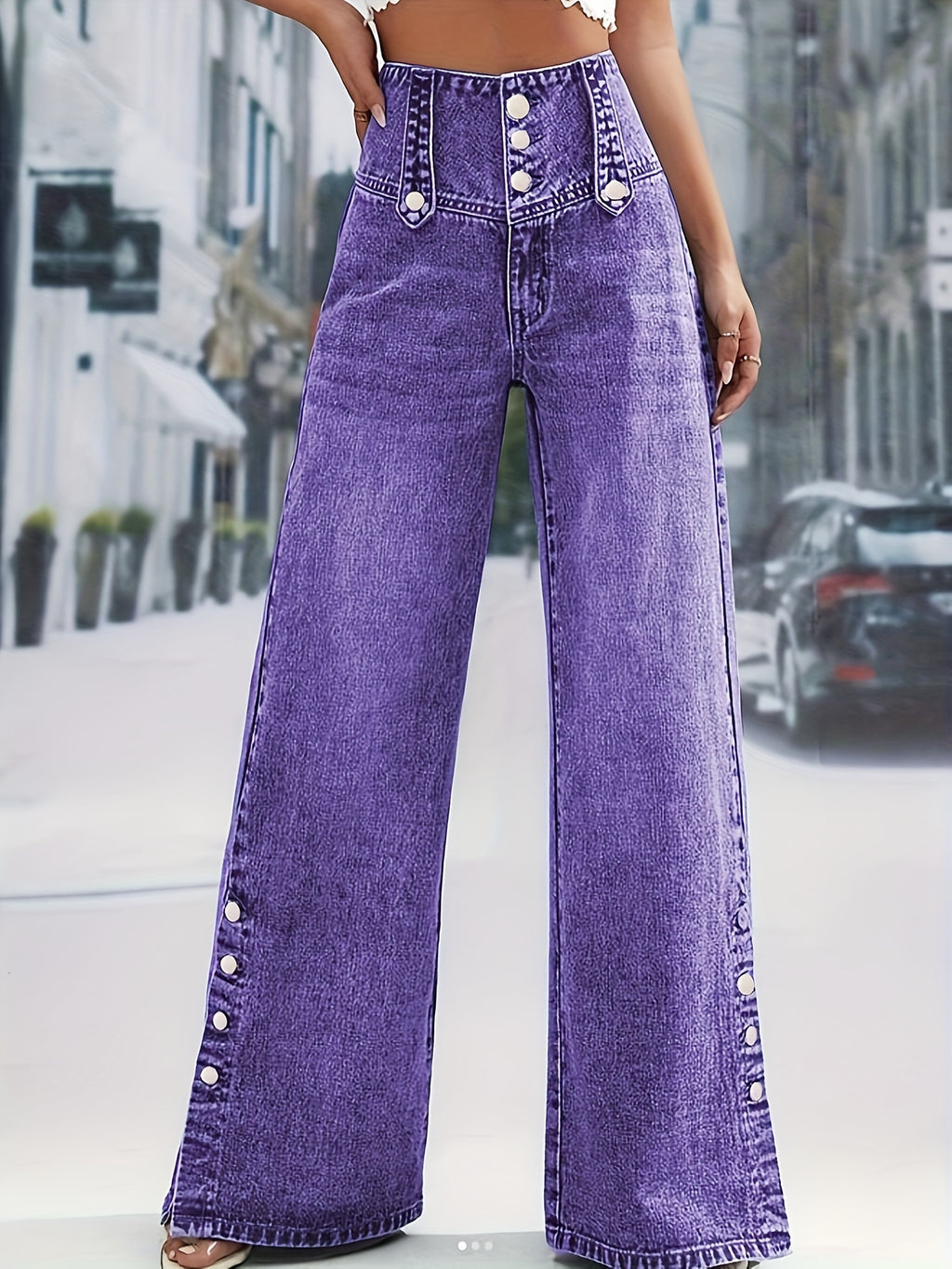 High-Waisted Snowflake Denim Pants with Buckle & Snap Closure