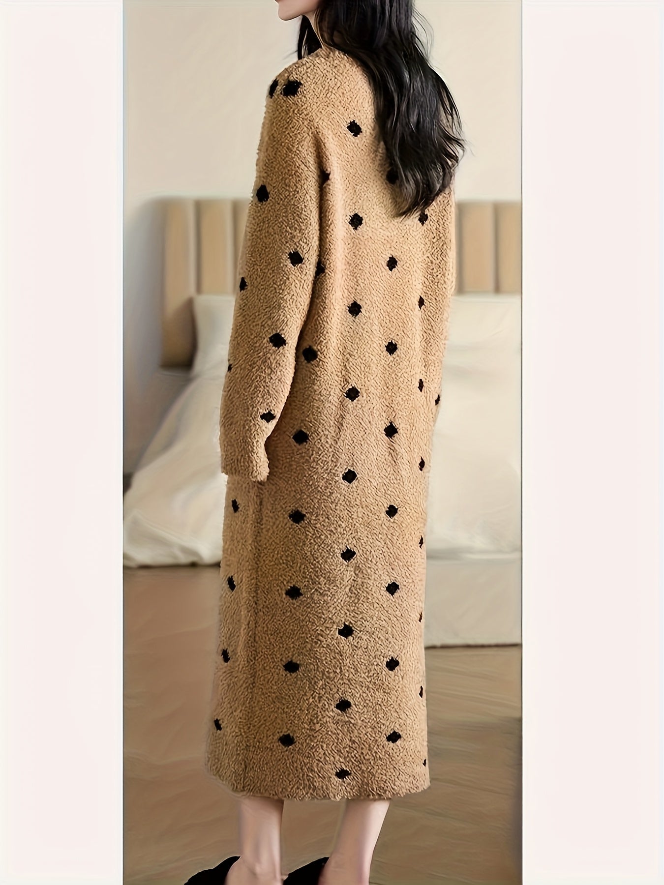 [Striped Pajama Dress] Women's Long Wave Dot Pajama Nightdress - High-Stretch Winter Sleepwear with Round Neck, Floor-Length Soft Brown & Black Horizontal Striped Design, Machine Washable Cozy Lounge Dress for Adults, Comfort