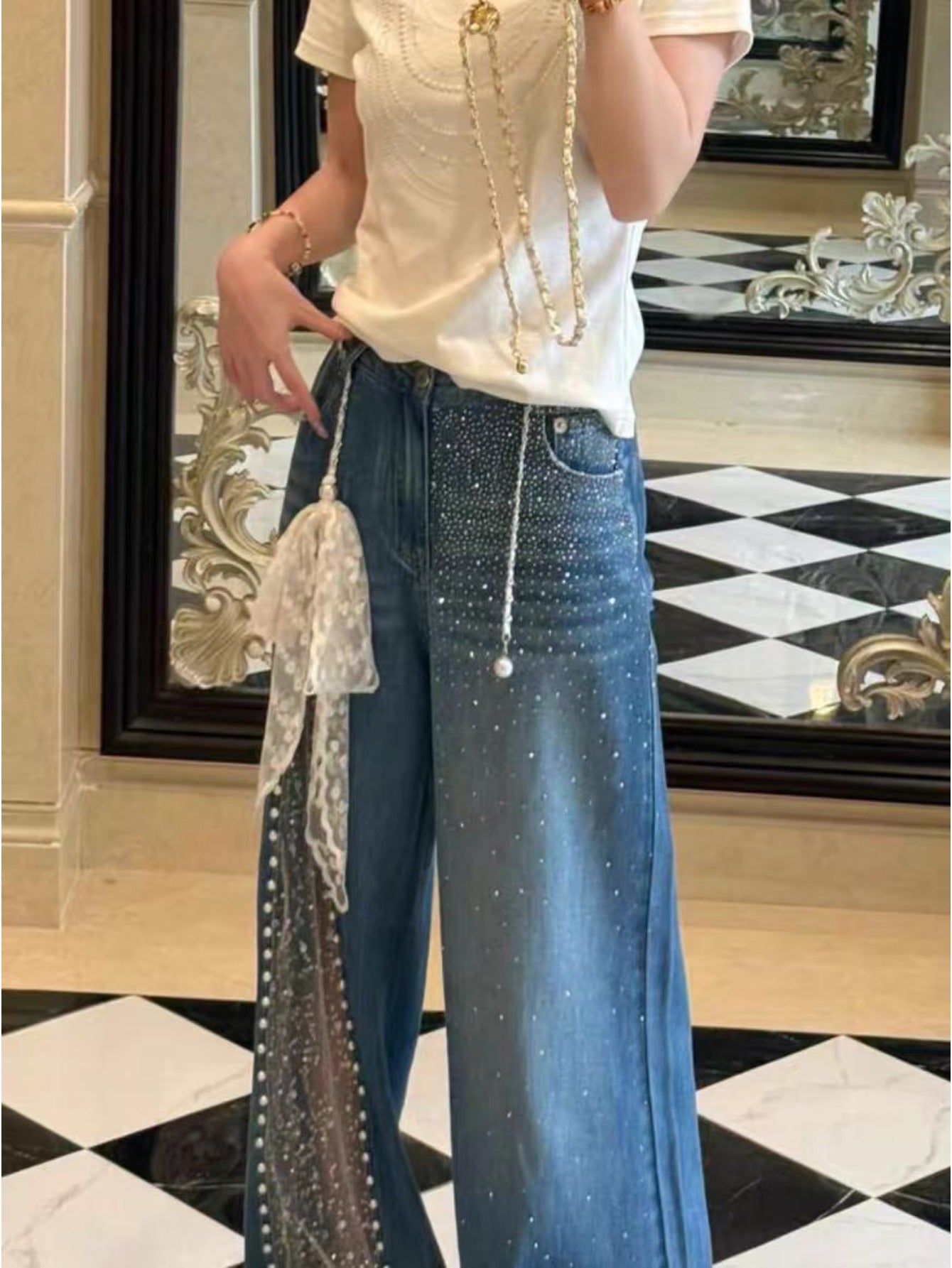 Sheer Detail Wide-Leg Jeans