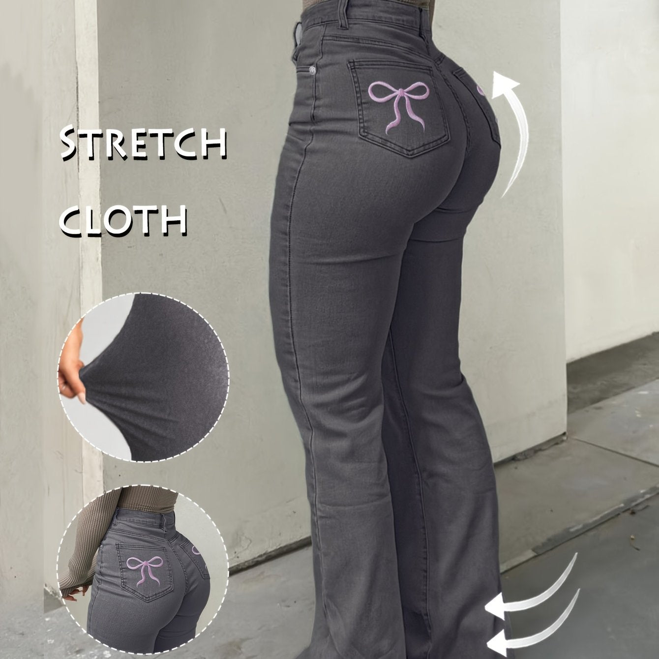 Women'S High-Waisted Stretch Denim Flare Jeans with Embroidered Bow Detail, Street Style Casual Pants, All-Season Comfort, Blue, High Waisted Jeans, Comfortable Fashion, Durable Fabric