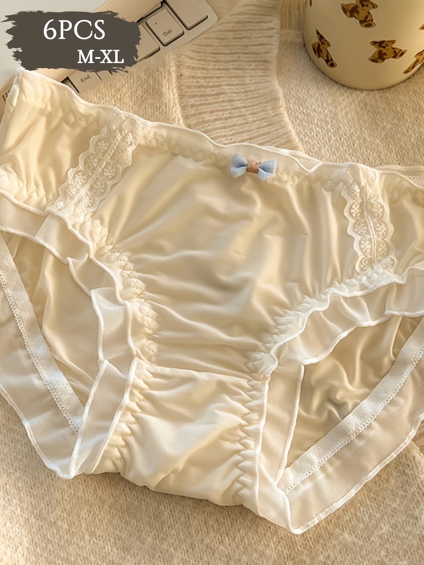 {6pcs} Lace Seamless Breathable, Comfortable, Soft, Light Beige Friendly, Sweet Bow Design Machine Washable Mid Waist Underwear