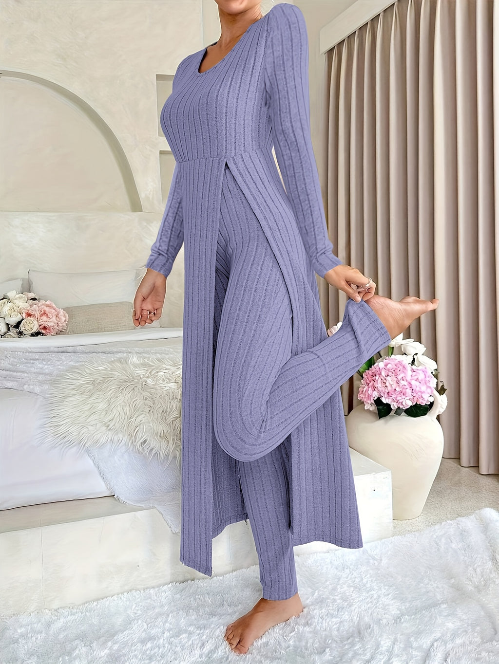 Two-piece Set of Ribbed Long-sleeved Top and Pants