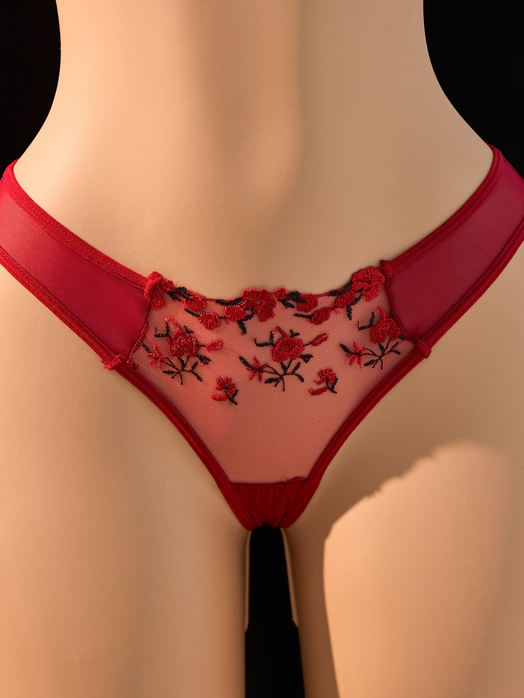 Classic Burgundy Floral Mesh Embroidered Lingerie Set